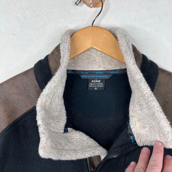 kuhl black alpenwurx fleece lined jacket suede elbow patches men's size XL - Picture 3 of 12